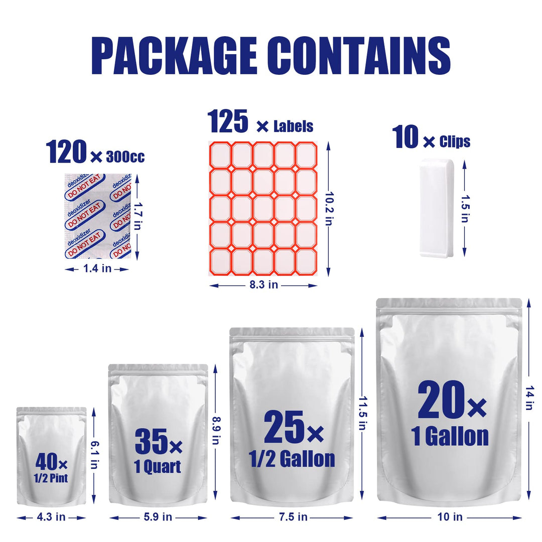 120 Mylar Bags for Food Storage with Oxygen Absorbers 300cc, 8 Mil 1Gallon 10x14, 7.5x11.5, 6x9, 4.3x6.3 Stand-Up Zipper Resealable Bags &amp; Heat Sealable Food Storage Bags + Labels