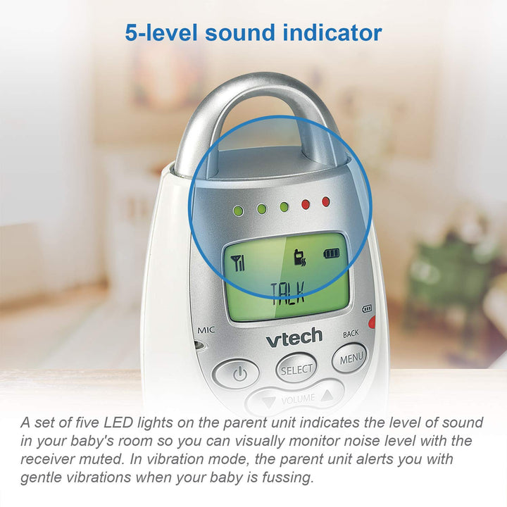 VTech DM221 Audio Baby Monitor with up to 1,000 ft of Range, Vibrating Sound-Alert, Talk Back Intercom & Night Light Loop, White/Silver