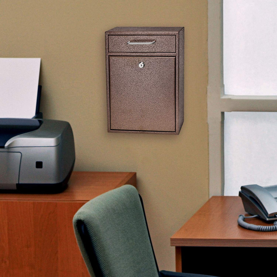 7418 High Steel Locking Mounted Mailbox-Office Drop Comment Letter Deposit, Bronze Tamper-Proof Wall Hanging Secured Document Box, Medium