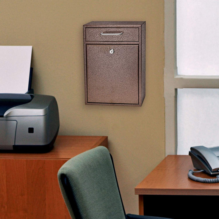 7418 High Steel Locking Mounted Mailbox-Office Drop Comment Letter Deposit, Bronze Tamper-Proof Wall Hanging Secured Document Box, Medium