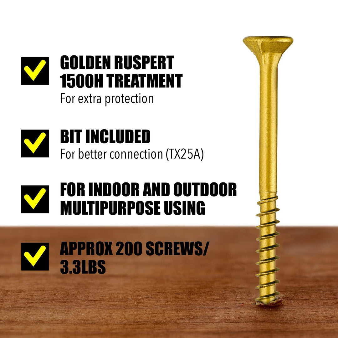 #10 x 3’’ Wood Screws by Grindy (200pack/3.3LBS) – Self-Drilling Deck Screws I Rust Resistant I Quick Drive & Fast Grip I for Cabinet, Furniture & Other Projects I T25 Star Drive I Bit Included