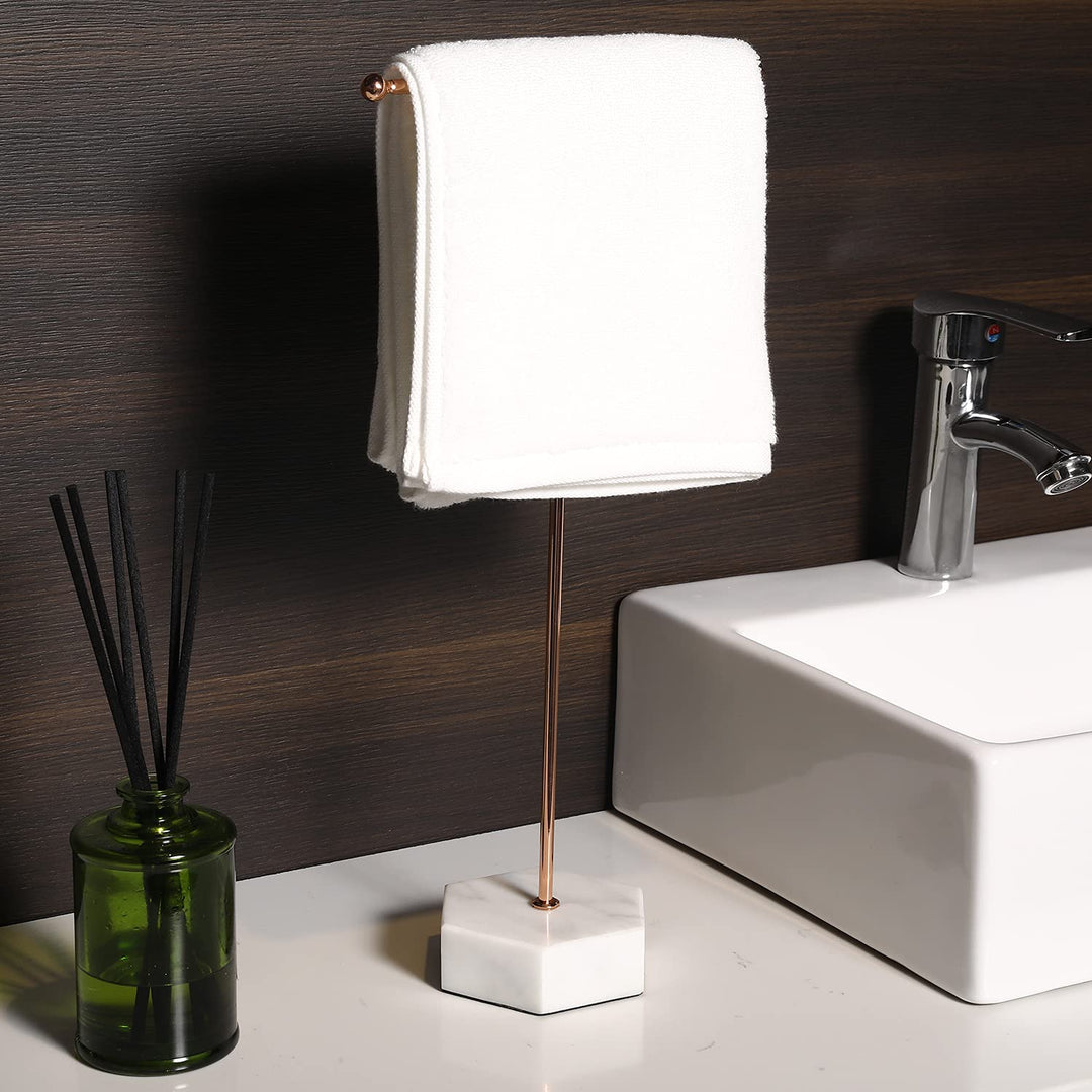 MyGift Modern Rose Gold Metal Countertop T-Bar Hand Towel Holder Stand, Bathroom Washcloth Drying Rack with Hexagonal White Marble Base