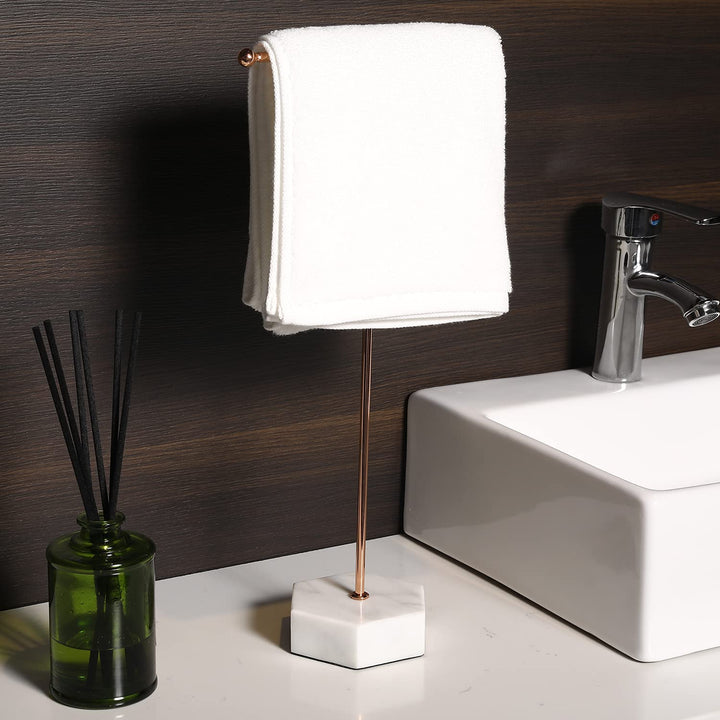 MyGift Modern Rose Gold Metal Countertop T-Bar Hand Towel Holder Stand, Bathroom Washcloth Drying Rack with Hexagonal White Marble Base
