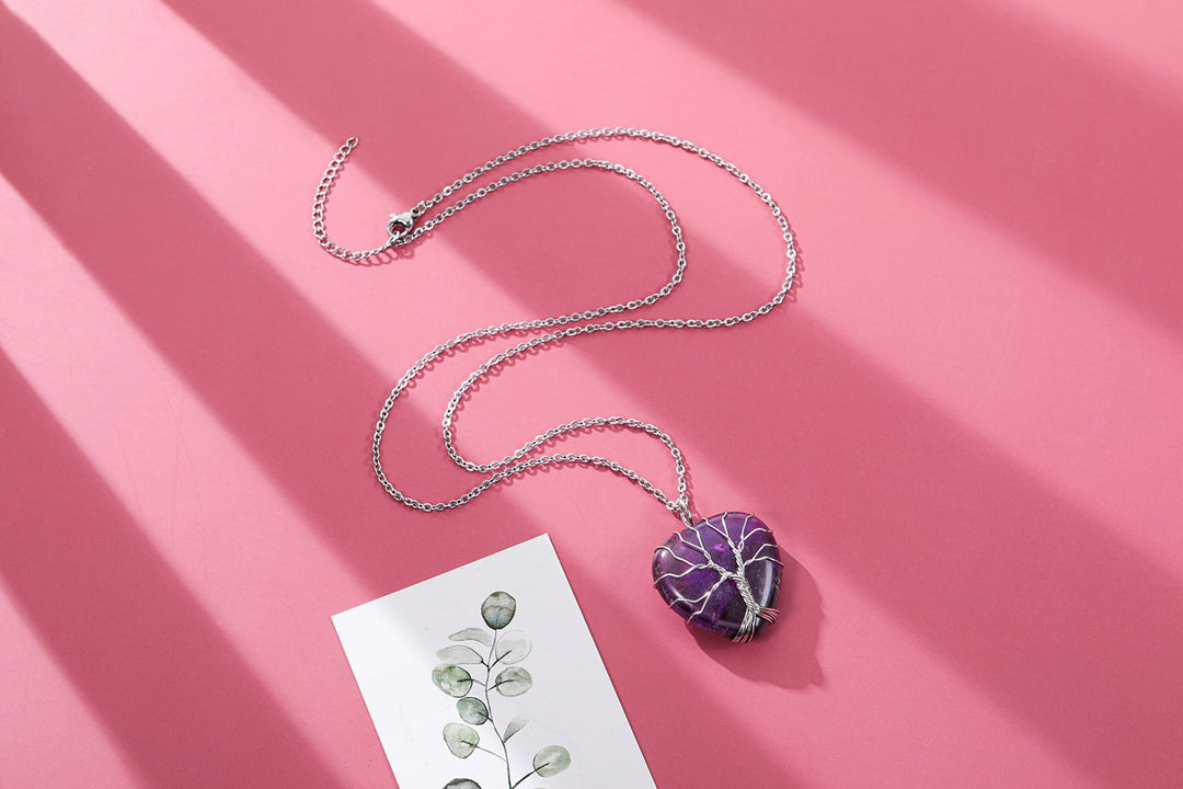 Natural Green Aventurine Healing Crystals Necklace Silver Tree Of Life Wire Wrapped Heart Shape Stone Pendant for Womens Girls Ladies