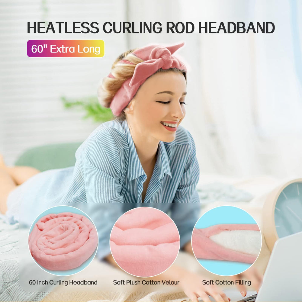 Extra Long Heatless Velour Curling Rod Headband for Overnight Hair Curls - 61 No Heat Soft Cotton Curling Ribbon Kit for Women (Pink)
