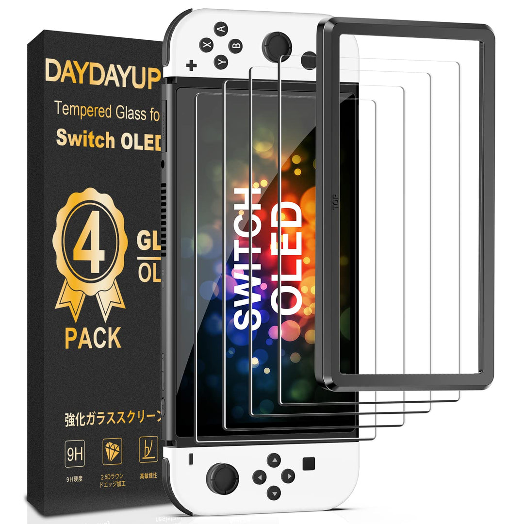 [4 Pack] Tempered Glass Screen Protector Compatible with Nintendo Switch OLED Model 2021 - with [Alignment Frame] Transparent HD Clear Screen Protector for Accessories &amp; Console