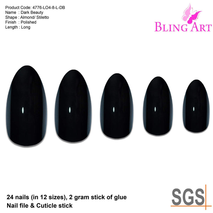 Almond False Nails Fake Stiletto Black Acrylic 24 Long Tips with Glue