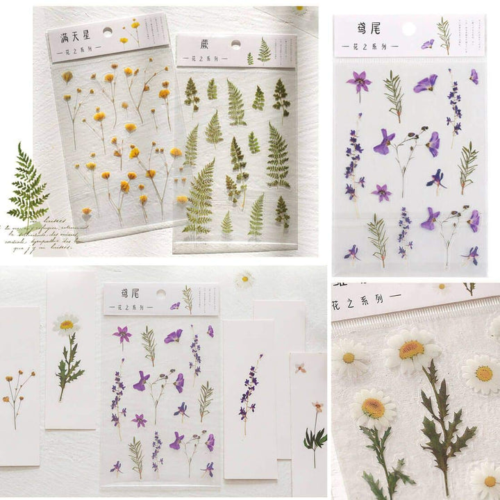 Daisy Iris Flowers Clover Eucalyptus 6 Sheets Transparent PVC Waterproof PET Decals Stickers Pack for Scrapbooking Diary Planner Album journals Phone Case Card Making Laptop Journaling