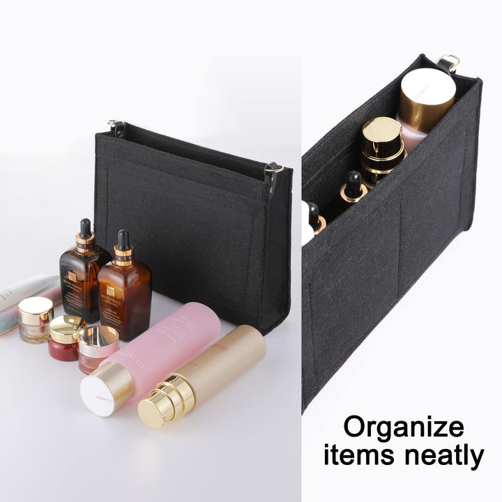 Purse Insert Organizer Bag Compatible with Toiletry Pouch 26 Handbag Shaper with Golden D Ring,Bag In Bag Fit Purse lv Pouch 26 Khaki (Large-26, Black-Premium Felt)