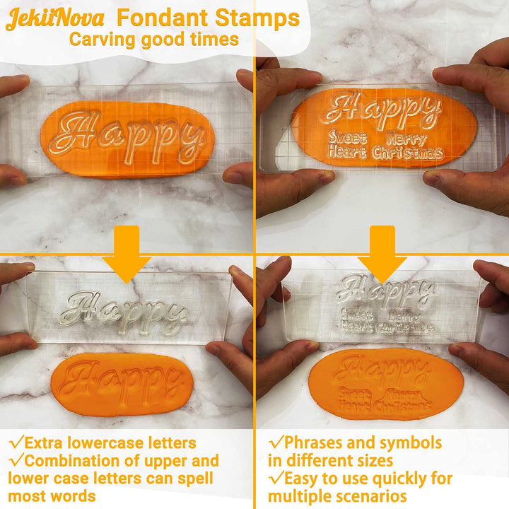 4 PCS Alphabet Letter Fondant Stamps for Biscuit Cake Cookie, Upgraded Food Grade Alphabet Cake Stamp Tool Uppercase Extra Spare Lowercase Numbers Phrases for Christmas Party Reusable Cookie Stamp