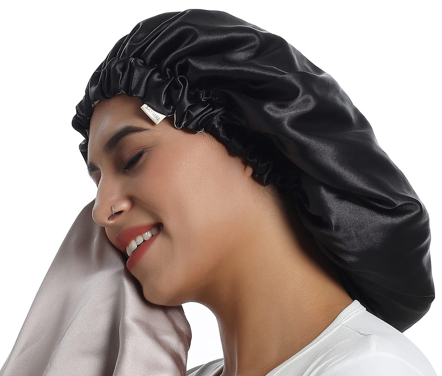 100% Mulberry Silk Lined Bonnet Adjustable Satin Sleep Cap 19 Momme Silk Bonnet for Women Curly,Long Hair Care Black