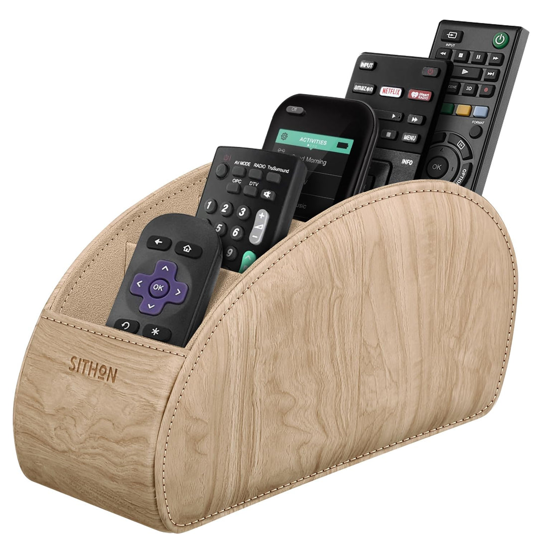 Remote Control Holder with 5 Compartments - PU Leather Remote Caddy Desktop Organizer Store TV, DVD, Blu-Ray, Media Player, Heater Controllers, Woodgrain Khaki