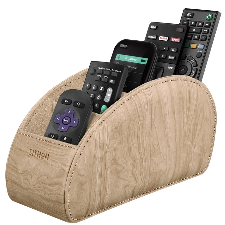 Remote Control Holder with 5 Compartments - PU Leather Remote Caddy Desktop Organizer Store TV, DVD, Blu-Ray, Media Player, Heater Controllers, Woodgrain Khaki