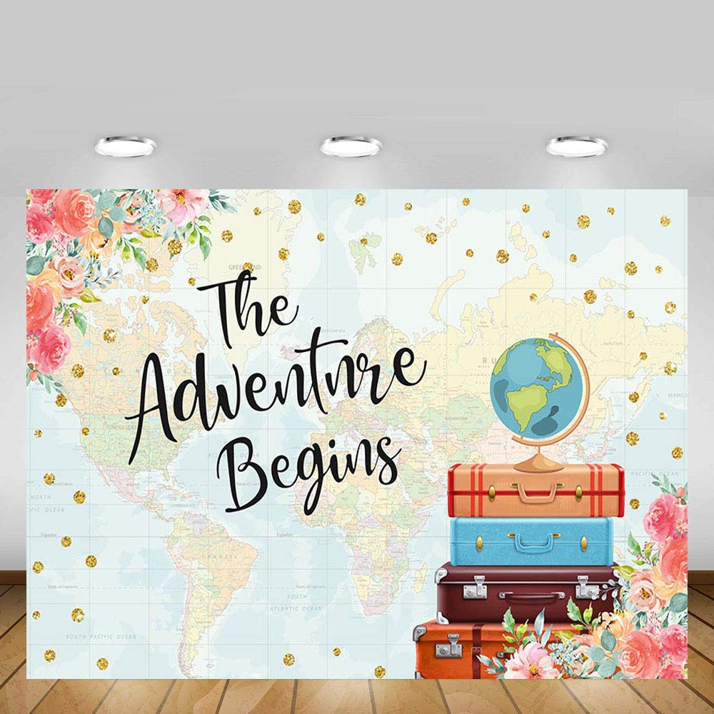 Adventure Begins Baby Shower Party Decorations Backdrop Vintage Red Floral Suitcases Travel Around The World Map Bridal Wedding Shower Photography Background Photo Banner 7x5ft