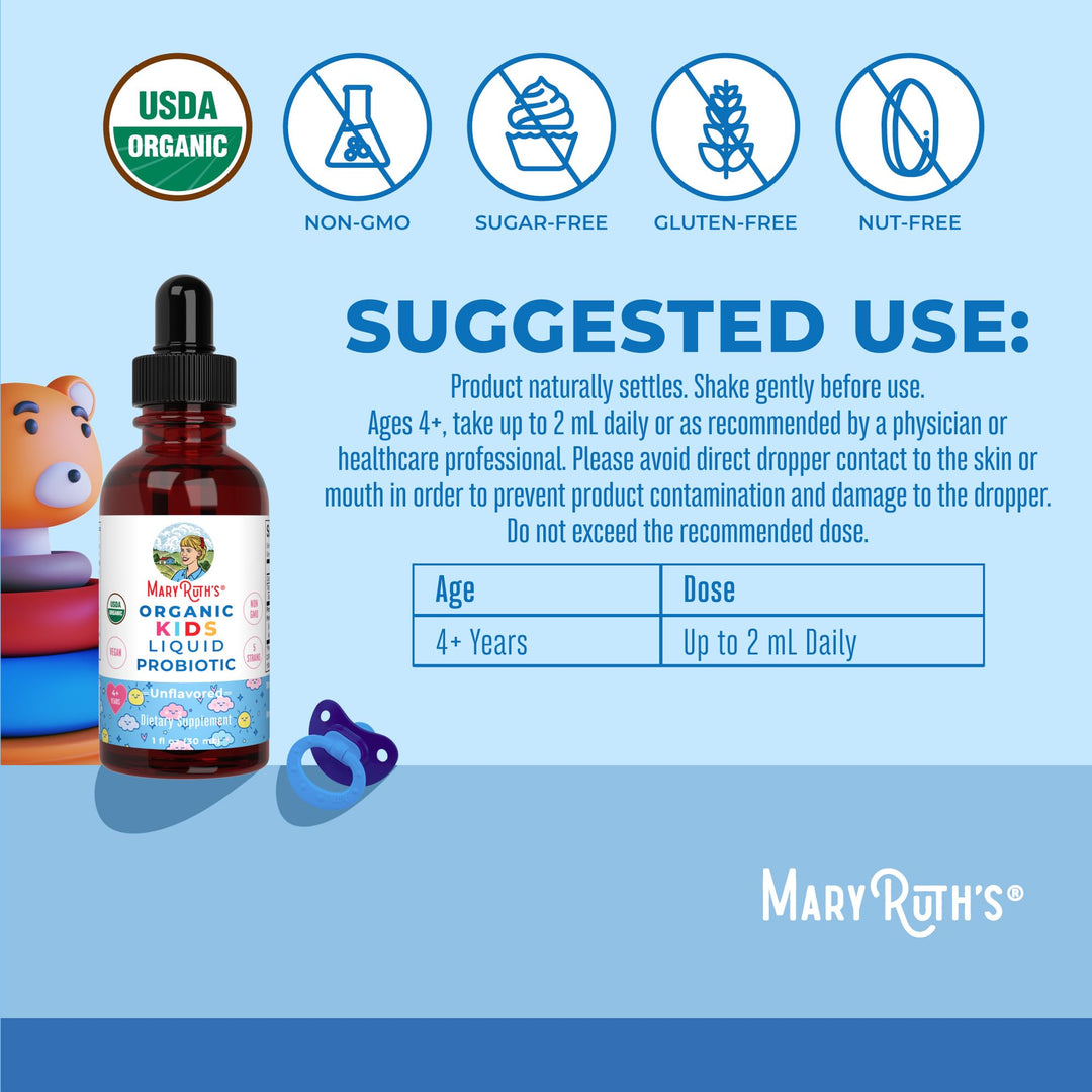Kids Probiotic Liquid Drops by MaryRuth&#39;s | USDA Organic Probiotics for Digestive Health | Ages 4+ Gut Health &amp; Immune Support Supplement | Overall Health | Vegan | Non-GMO | 1 Fl Oz