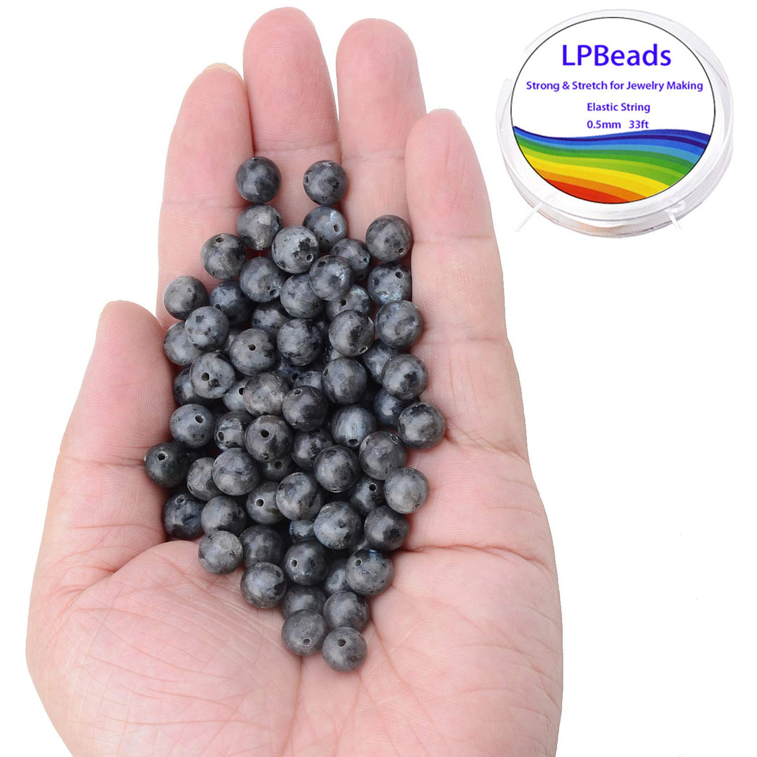100PCS 8mm Natural Black Larvikite Beads Gemstone Round Loose Beads for Jewelry Making with Crystal Stretch Cord