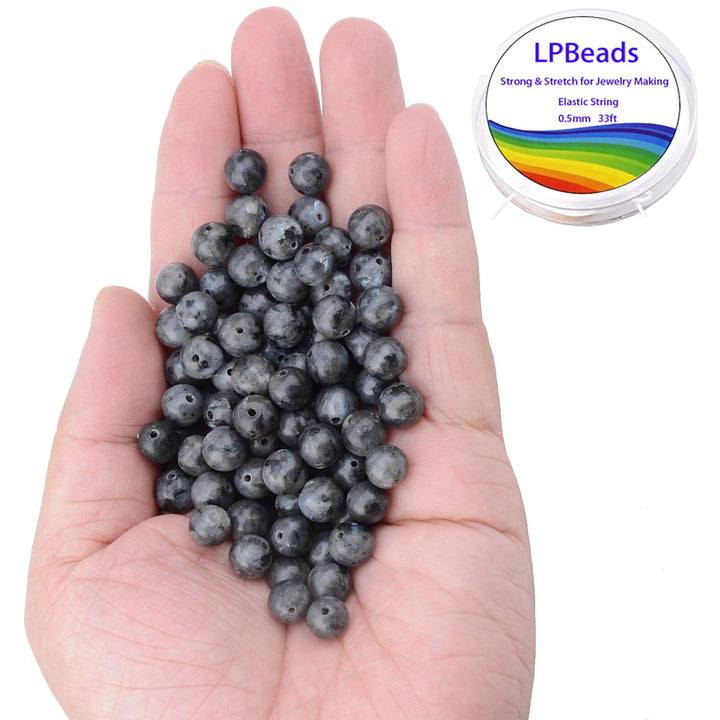 100PCS 8mm Natural Black Larvikite Beads Gemstone Round Loose Beads for Jewelry Making with Crystal Stretch Cord