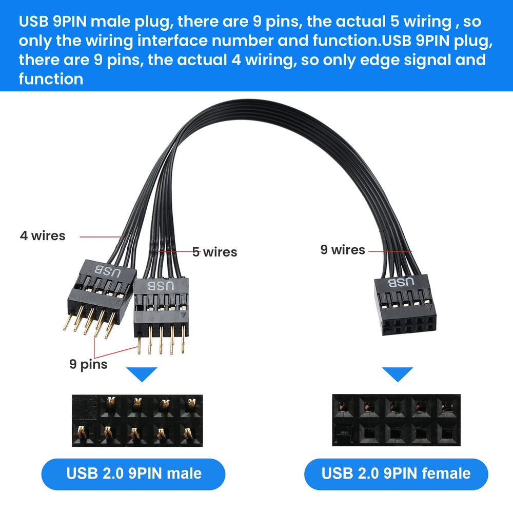 Motherboard USB Splitter, USB2.0 9-Pin USB Splitter 1-in-2, USB Motherboard Adapter 9Pin Line Expansion Cable USB Splitter for Computer Motherboards, NZXT, USB Header Splitter Length 17.6 cm.
