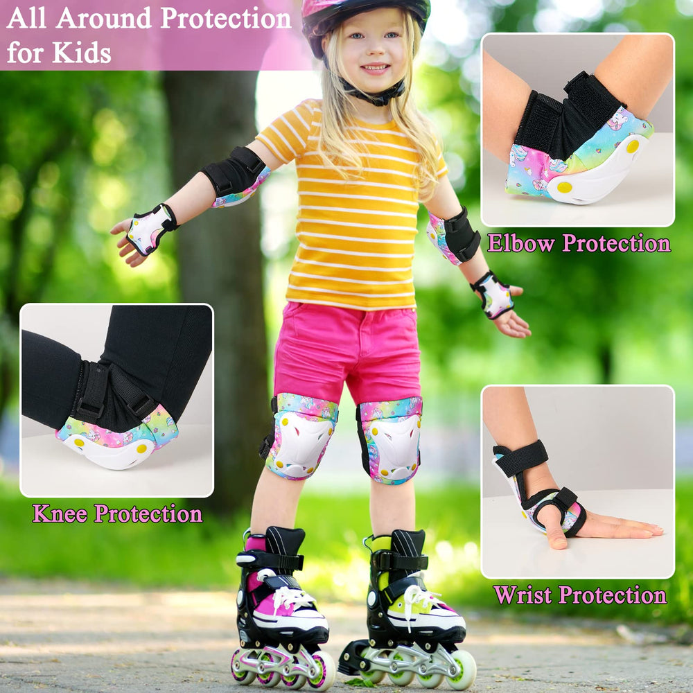Knee Pads for Kids Unicorn Knee Elbow Pads Wrist Guards with Drawstring Bag Adjustable Protective Gear Set for Girls Boys Inline Skating Bike Cycling Skateboard Scooter, 3-8 Years, Rainbow