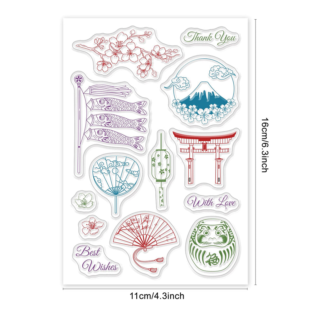 Japanese Culture Silicone Clear Stamps with Flower Flower Fan Lantern Style for Card Making DIY Scrapbooking Photo Album Decorative Paper Craft,6.3x4.3 Inches