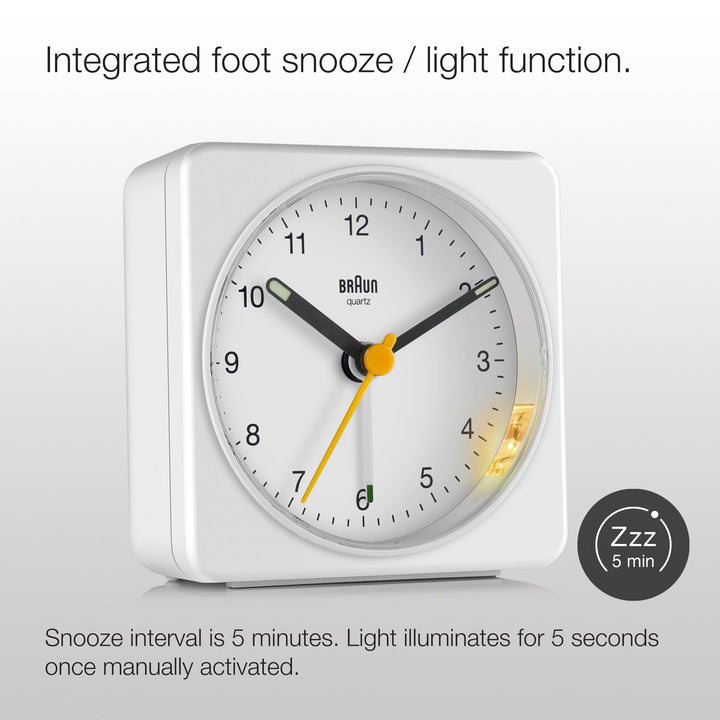 Braun Classic Analogue Alarm Clock with Snooze and Light, Quiet Quartz Sweeping Movement, Crescendo Beep Alarm in White, Model BC03W.