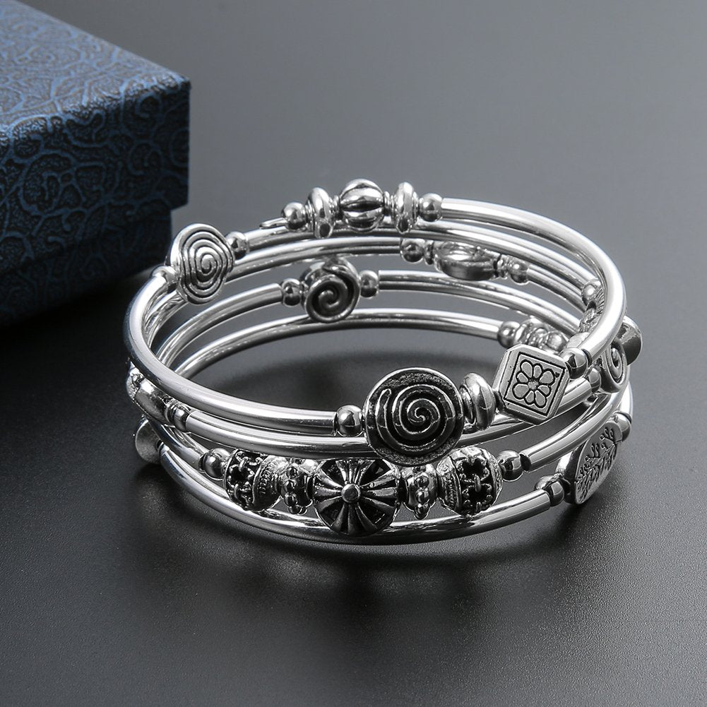 Beaded Pearl Bangle Wrap Bracelet - Fashion Bohemian Jewelry Multilayer Charm Bracelet with Thick Silver Metal Beads, Gift For Women(Metal)