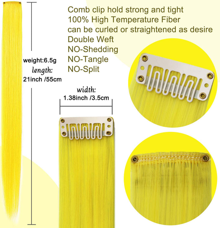 9PCS Princess Party Highlight Yellow Hairpieces Colored Hair Extensions Clip in/On for Girls and Dolls Kids Wig Pieces (Yellow)