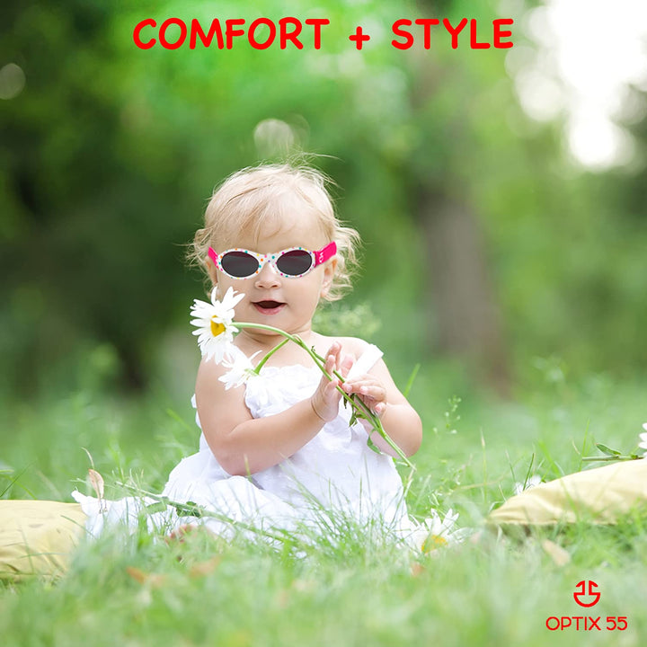 Baby Sunglasses 0-6, 6-12 month - Age 3 Years | Infant, Toddler Girl &amp; Boy Sun Glasses with Adjustable Strap, Baby Beach Gear | UV 400 Protection | Soft Rubber Frame Sunshades with Case (white)