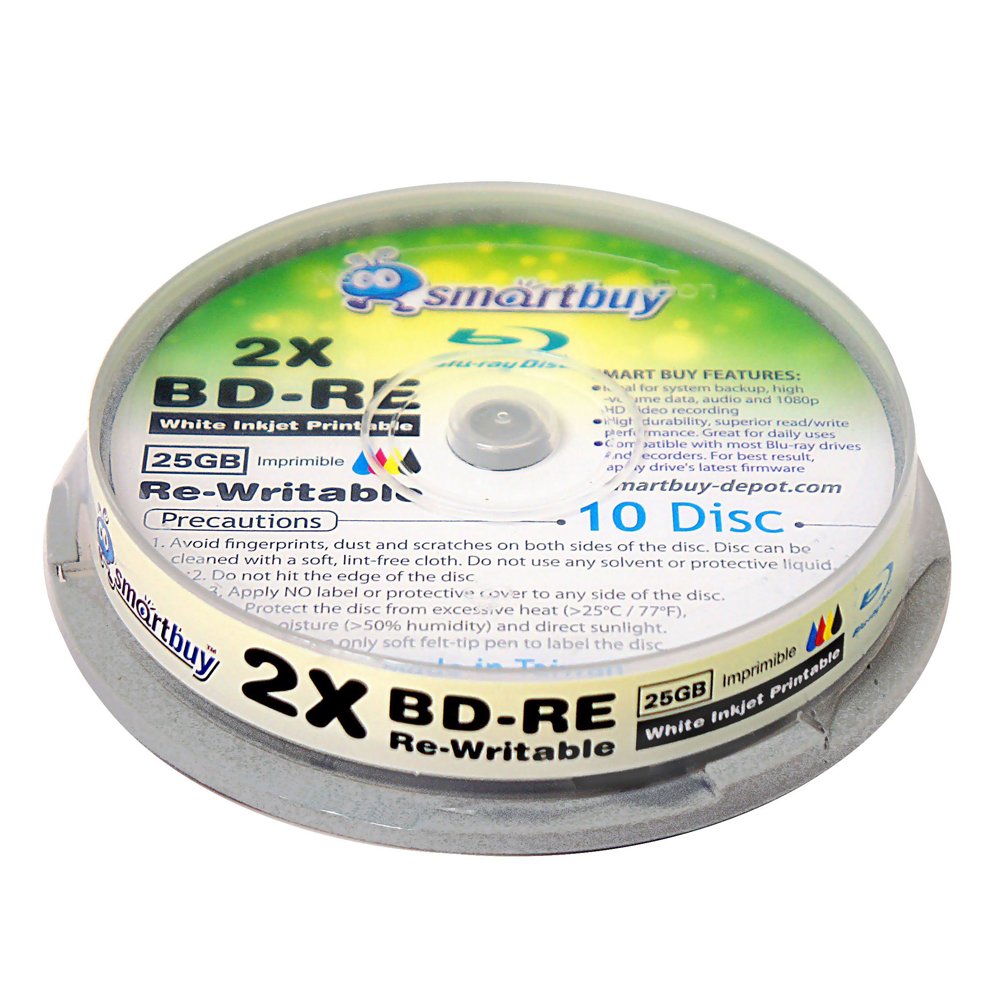 10 Pack Smartbuy 2X 25GB Blue Blu-ray BD-RE Rewritable White Inkjet Hub Printable Blank Bluray Disc