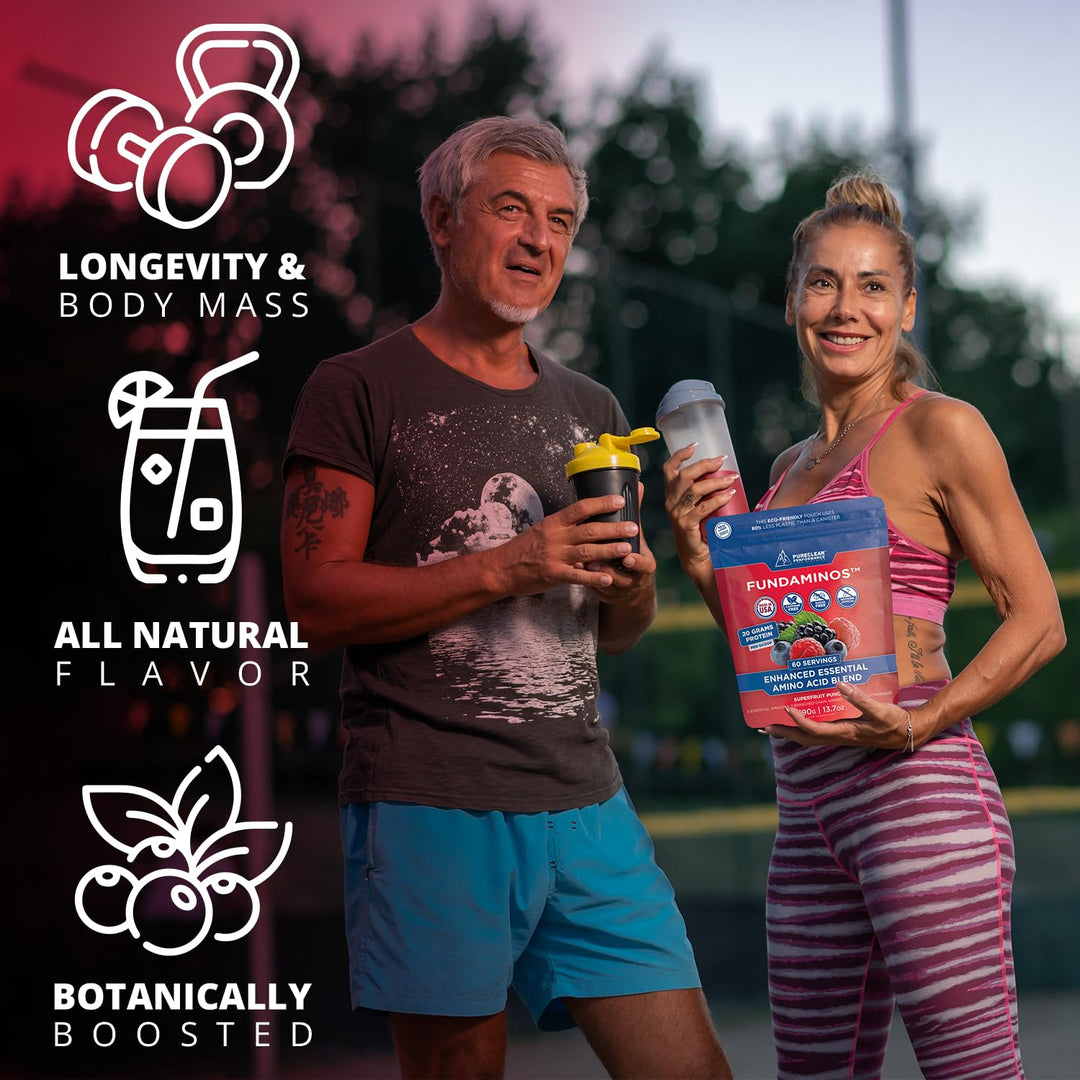 FundAminos Blend - 100% Organic &amp; Vegan EAA &amp; BCAA Powder for 400% Greater Lean Muscle, Faster Recovery &amp; Strength Vs. Protein Powder - Clinically Tested Post Workout - Real Superfruits - 60 Servings