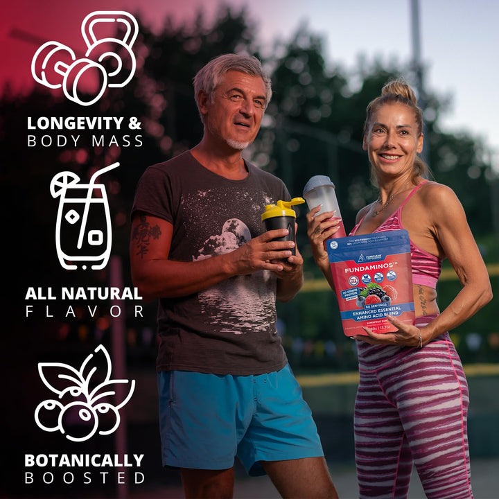 FundAminos Blend - 100% Organic &amp; Vegan EAA &amp; BCAA Powder for 400% Greater Lean Muscle, Faster Recovery &amp; Strength Vs. Protein Powder - Clinically Tested Post Workout - Real Superfruits - 60 Servings