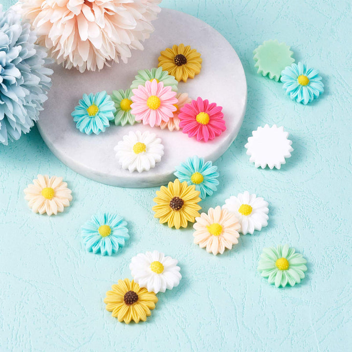 20Pcs Flatback Resin Daisy Flower Cabochons Deco 23x22mm Random Mixed Colors Undrilled Floral Cameo Charms for Scrapbooking Embellishments Craft Jewelry Making
