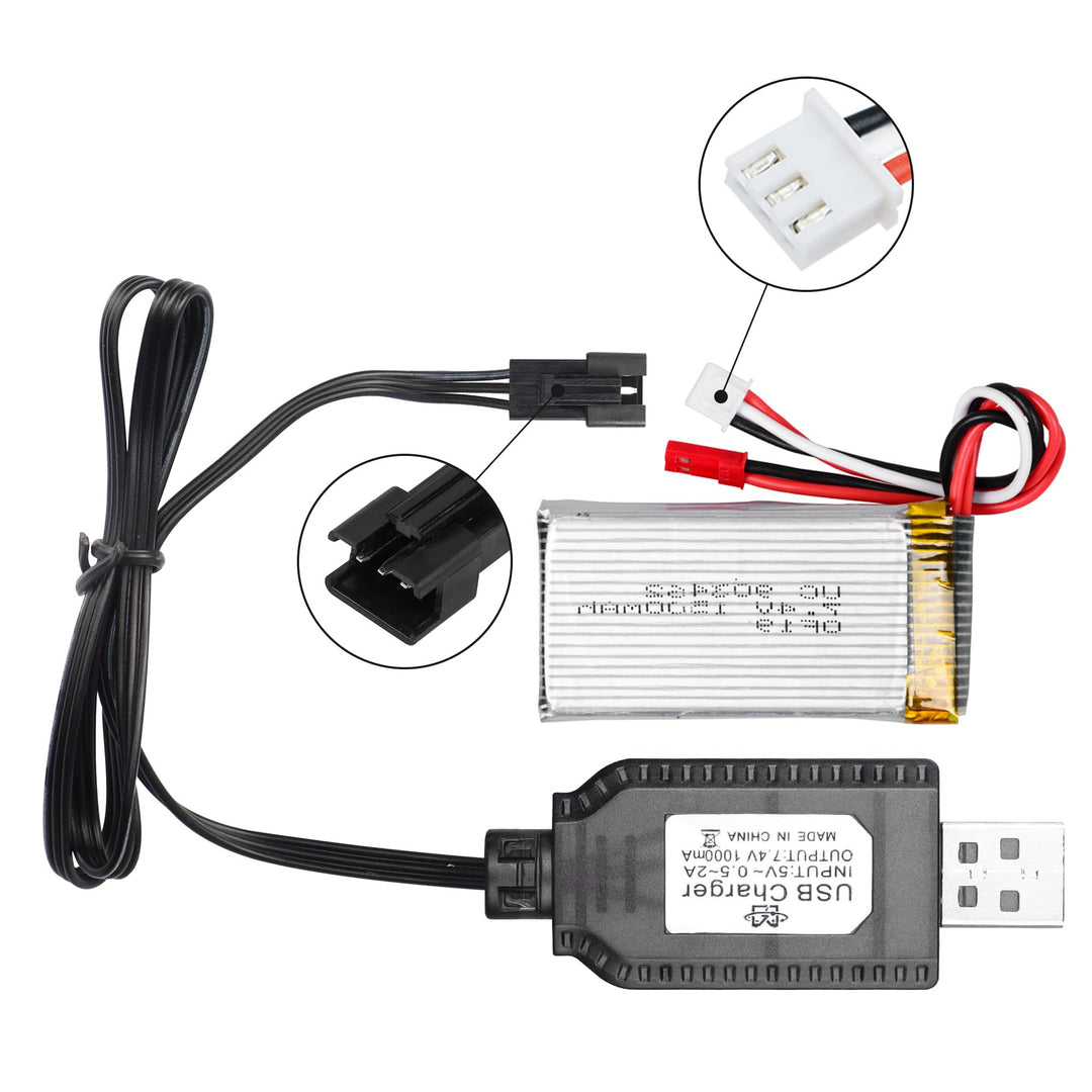 2 Pack 7.4V LiPo Battery USB Charger Cable with SM-3P Plug Connector for RC Model Vehicle Buggy Car Truck Boat