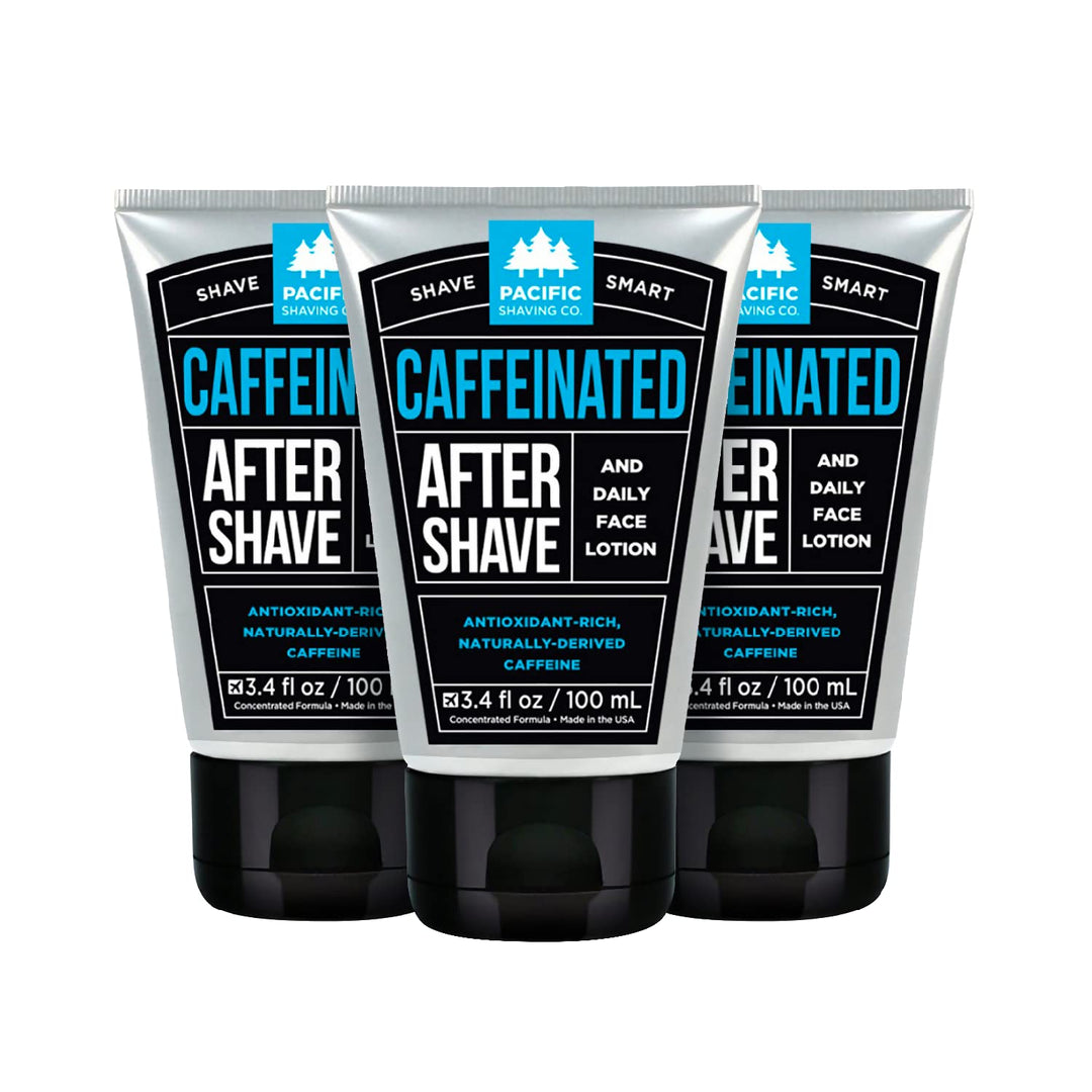 Caffeinated Aftershave, Men&#39;s Grooming Product - Antioxidant Daily Face Lotion + After Shave - Soothing Aloe &amp; Spearmint Post Shave Balm for Sensitive Skin (3.4 Fl Oz, 3 Pack)