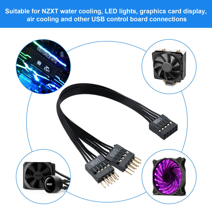 Motherboard USB Splitter, USB2.0 9-Pin USB Splitter 1-in-2, USB Motherboard Adapter 9Pin Line Expansion Cable USB Splitter for Computer Motherboards, NZXT, USB Header Splitter Length 17.6 cm.