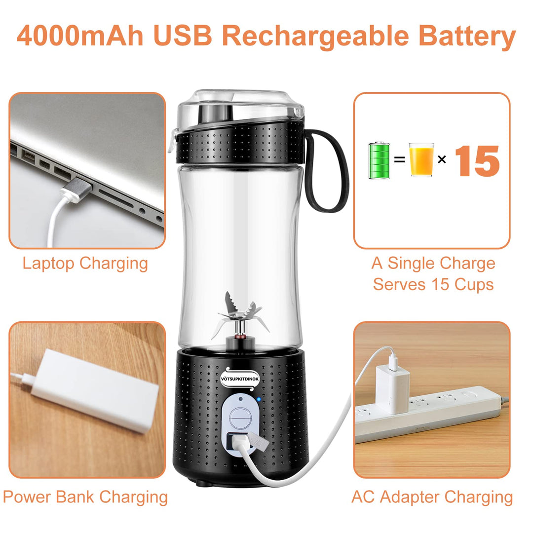 Portable Blender for Shakes and Smoothies, USB Rechargeable Personal Blender with 6pcs 3D Blades, Strong Blending Power, 13.5Oz &amp; Cleansing Brush for Travel, Office and Sports - Black