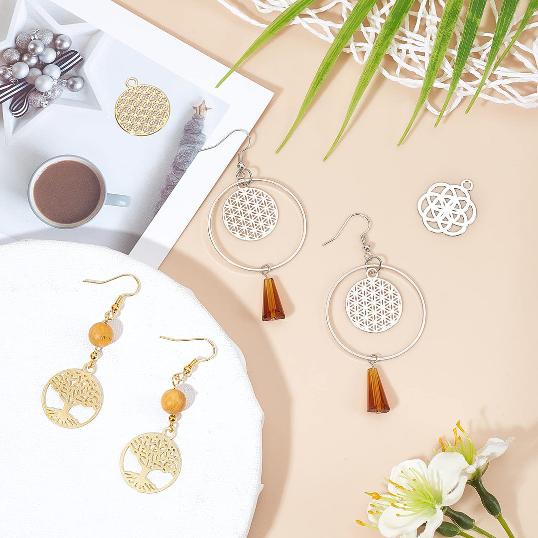 36Pcs Silver/Gold/Rose Gold Filigree Flower Pendants Tree of Life Brass Connector Charm (20mm) for DIY Necklace Earring Making