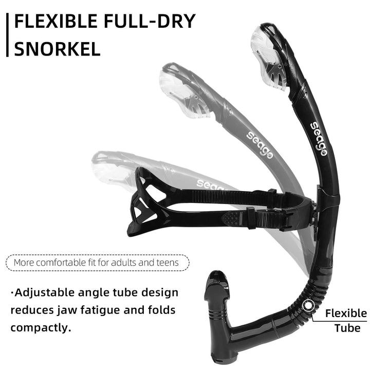 Seago Swim Snorkel for Lap Swimming, Dry Top Front Swimmer Snorkel for Adult Youth, Snorkel Gear Swimming Training Equipment in Pool and Open Water with Comfy Head Pads Food-Grade Silicone Mouthpiece