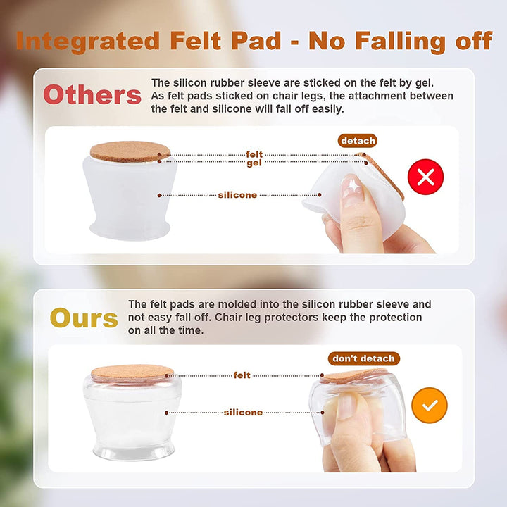 Chair Leg Protectors for Hardwood Floors, Silicone Chair Leg Floor Protectors with Felt Pads for Protecting Hard Floors from Scratches and Noise, Transparent/16 PCS - Small