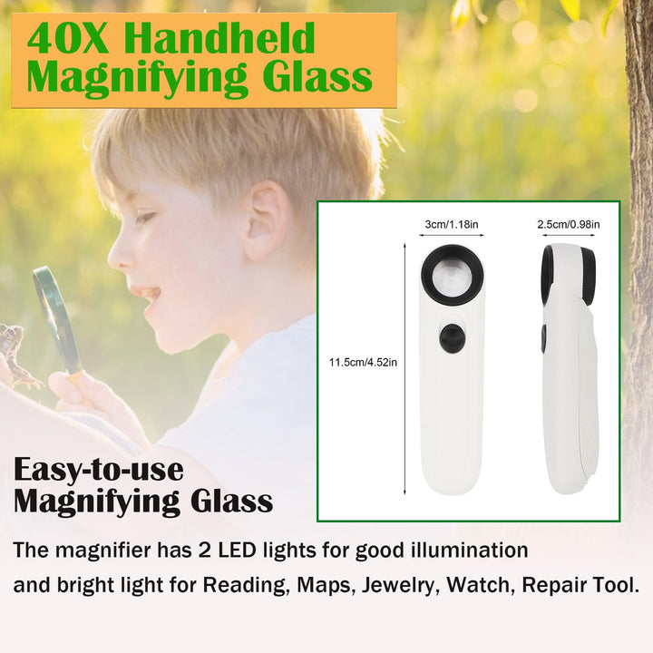40X Handheld Magnifier High Power Hand Held Illuminated Magnifying Glass Jeweler Eye Jewelry Loupe Leather Case for Reading Maps Jewelry Watch Repair Tool