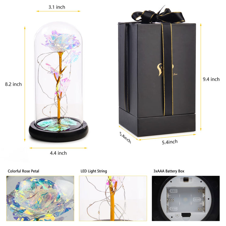 for Mom, Women Birthday Gifts for Her, Mother’s Day Rose Gifts from Daughter Son, Red Colorful Artificial Rose Flower Gift in A Glass Dome for Wife, Girlfriend, Daughter, Grandma