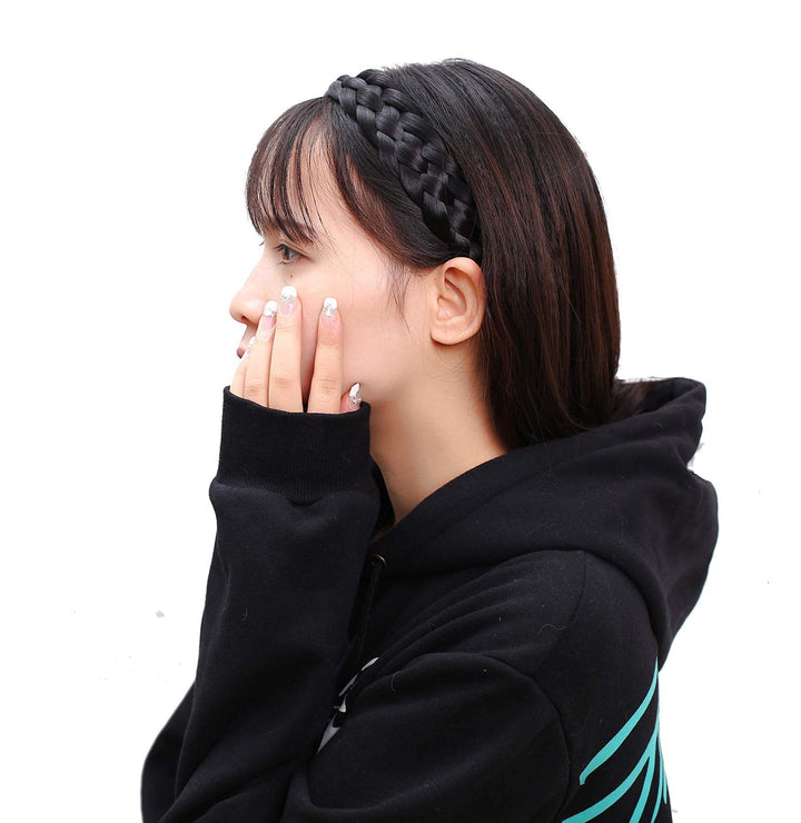 Elastic Synthetic Chunky Hair Braid 5 Strands Braids Hair Headbands Plaited Braided Headband (Jet Black)