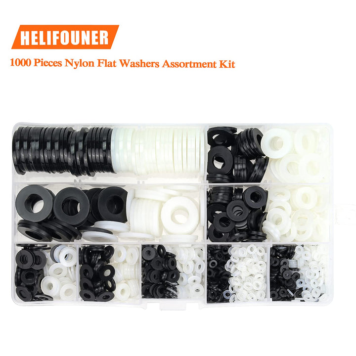 1000 Pieces 9 Sizes White/Black Nylon Flat Washers Assortment Kit - M2 M2.5 M3 M4 M5 M6 M8 M10 M12