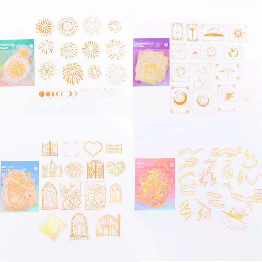 Gold foil Magic Holographic Stickers Set 180 PCS with 4 Themes, Resin Transparent Waterproof Butterfly Flower Vintage Planner Stickers for Scrapbook Junk Bullet Journals Water Bottles Decor