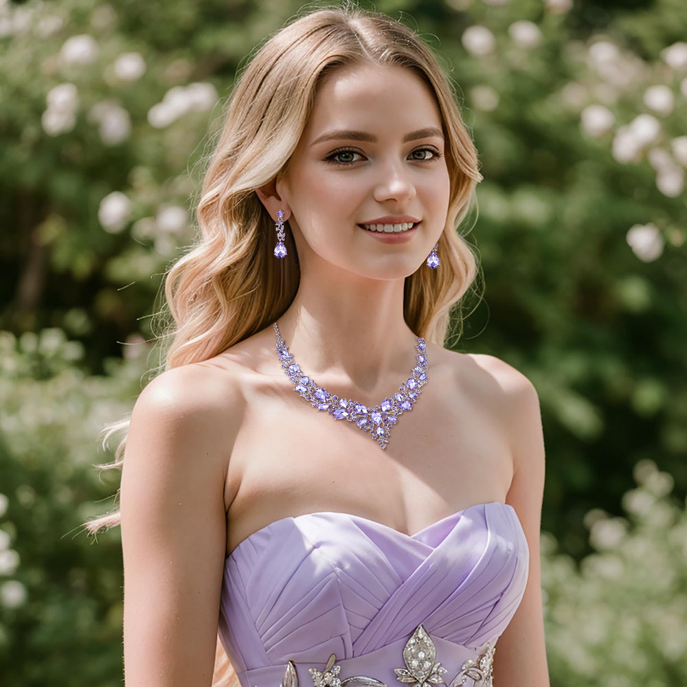 Necklace Earrings Jewelry Set for Women Wedding Bridal Austrian Crystal Teardrop Cluster Statement Necklace Dangle Earrings Set Light Purple Silver-Tone