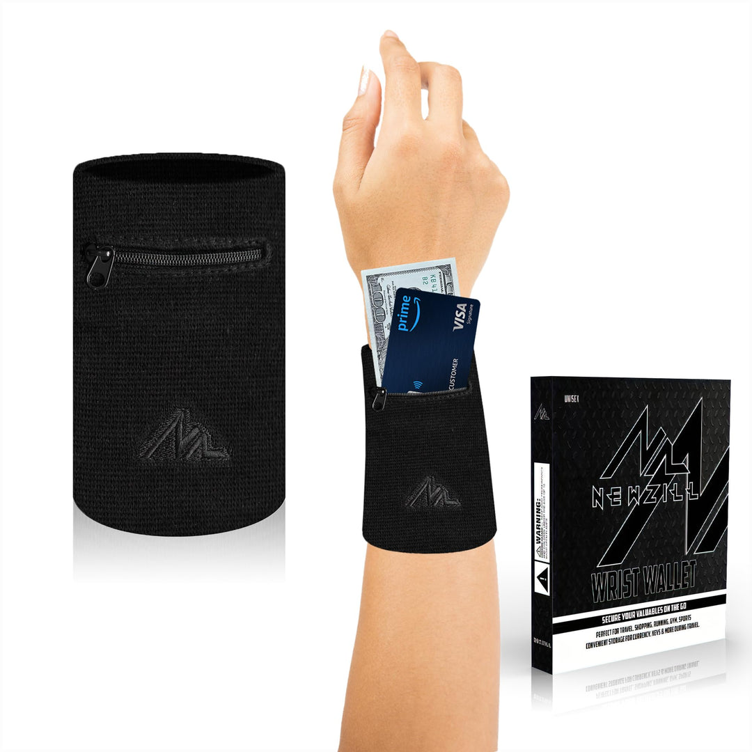 Wrist Wallet Wristband with Zipper - Cotton Sweatbands for Men &amp; Women, Ideal for Sport, Running, Walking, Basketball, Football, Tennis, Hiking, Workout, and More Long Black