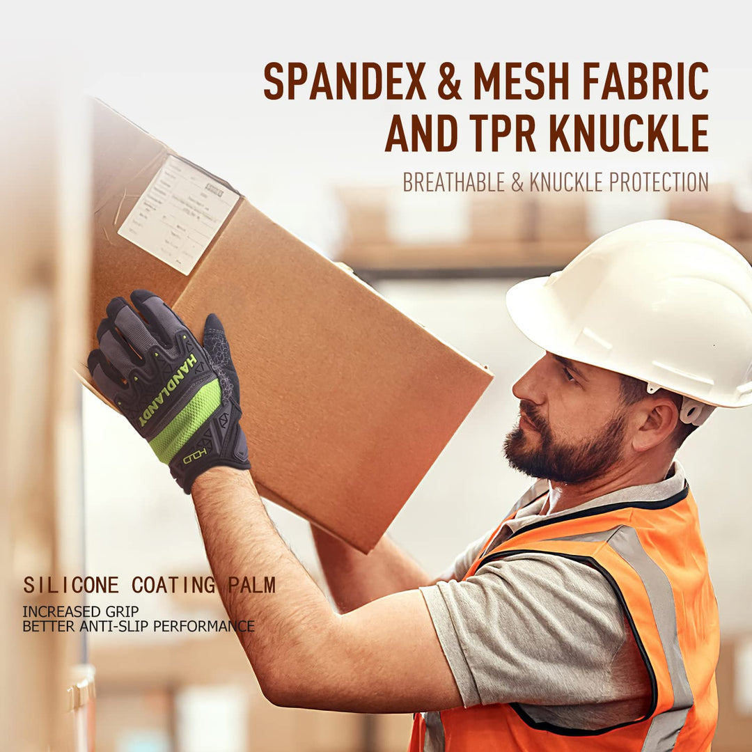 Utility Work Gloves, Men &amp; Women, Silicone Grip Synthetic Leather Work Gloves, TPR Protector, Breathable Mechanic Working Gloves with Touchscreen (L, Green)