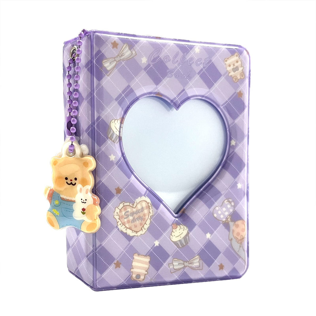 3 Inch Mini Photo Album, Heart Hollow Card Binder Photo Album Photo Card Holder with Pendant 40 Pockets (purple plaid)