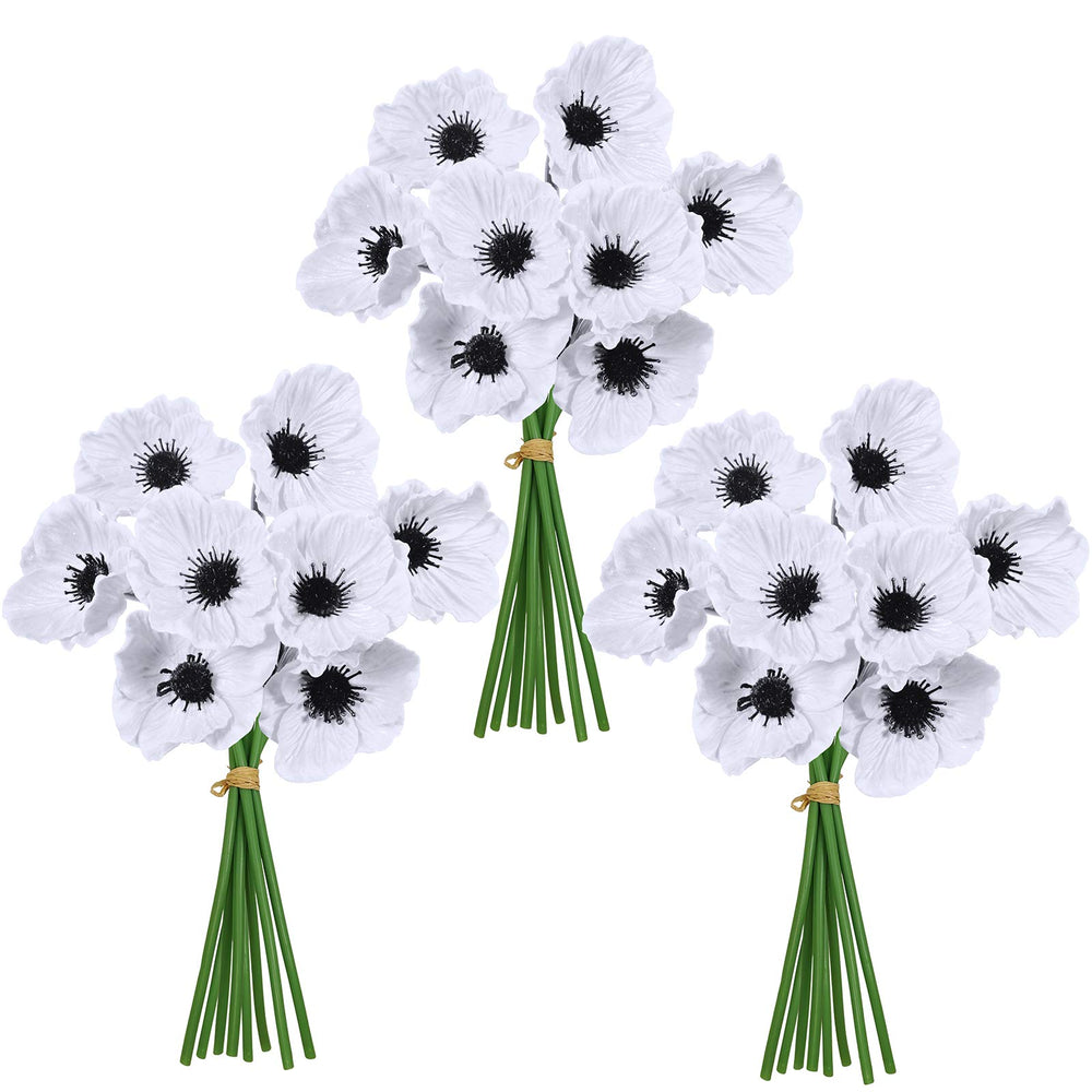 24 pcs Artificial White Poppy Flower Stems Real Touch Flower Fake Flowers in White with Black Center for Wedding Bouquets Corsages Centerpiece Floral Arrangements