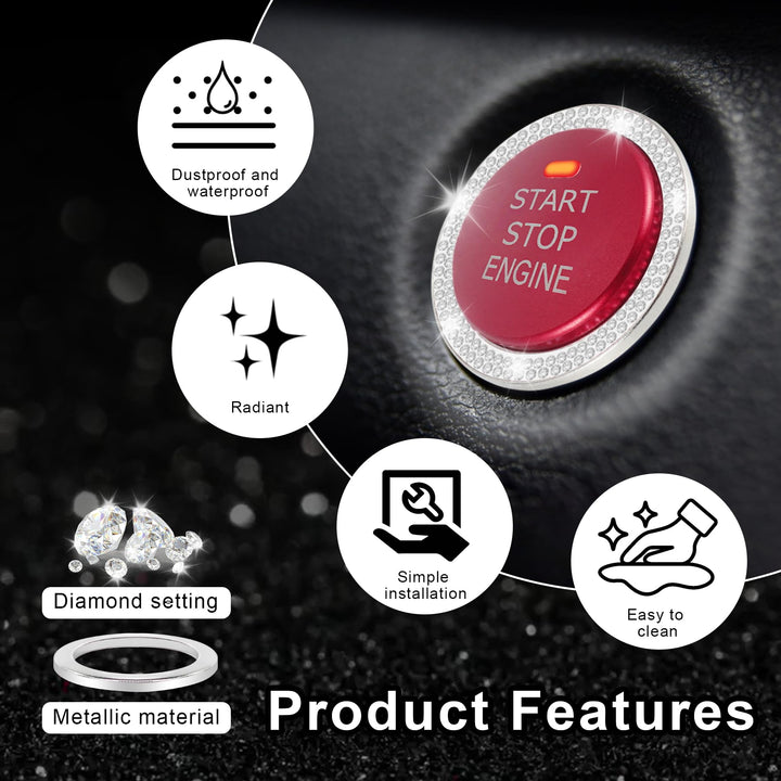2 PCS Crystal Double Rhinestone Car Engine Start Stop Decoration Ring, Bling Car Interior Accessories for Women, Push to Start Button Cover/Sticker, Key Ignition &amp; Knob Bling Ring, White